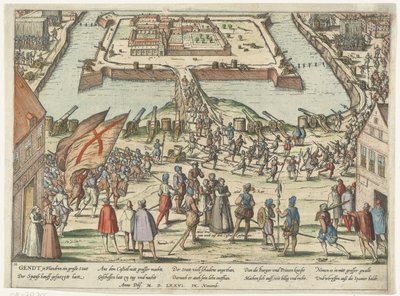 Retirada de los españoles de la ciudadela de Gante tras un asedio por el ejército de los Estados el 9 de noviembre de 1576, al frente Mondragón y su esposa de Frans Hogenberg